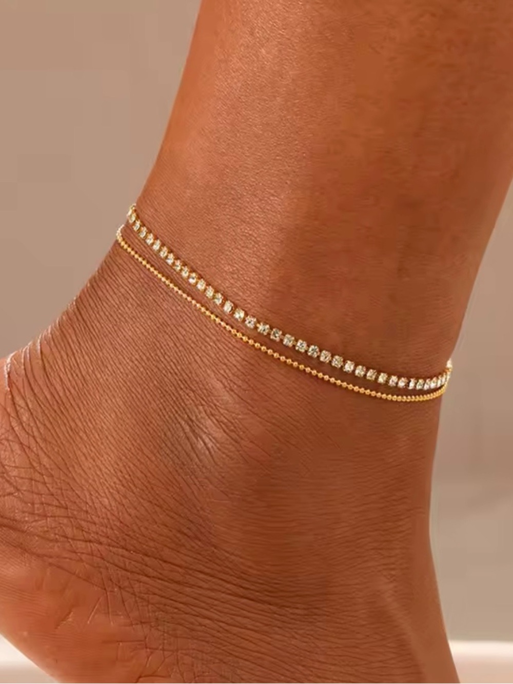 Gold Double Strand Anklet with Clear Stones